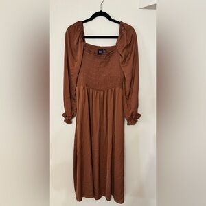 Gap Smocked Midi Dress in Saddle Brown